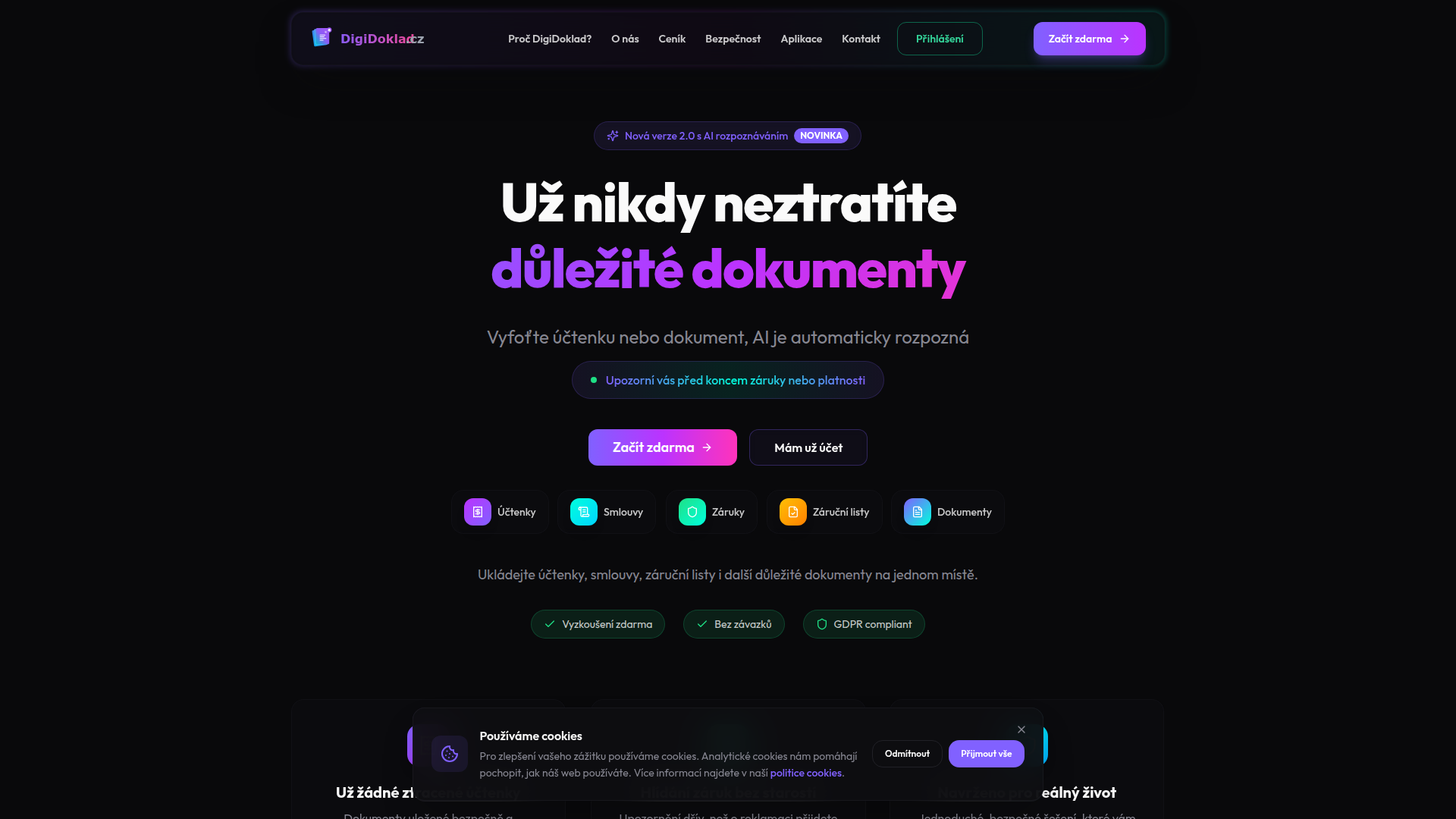 Screenshot webu DigiDoklad – Aplikace pro ukládání a správu důležitých dokumentů s AI roz...