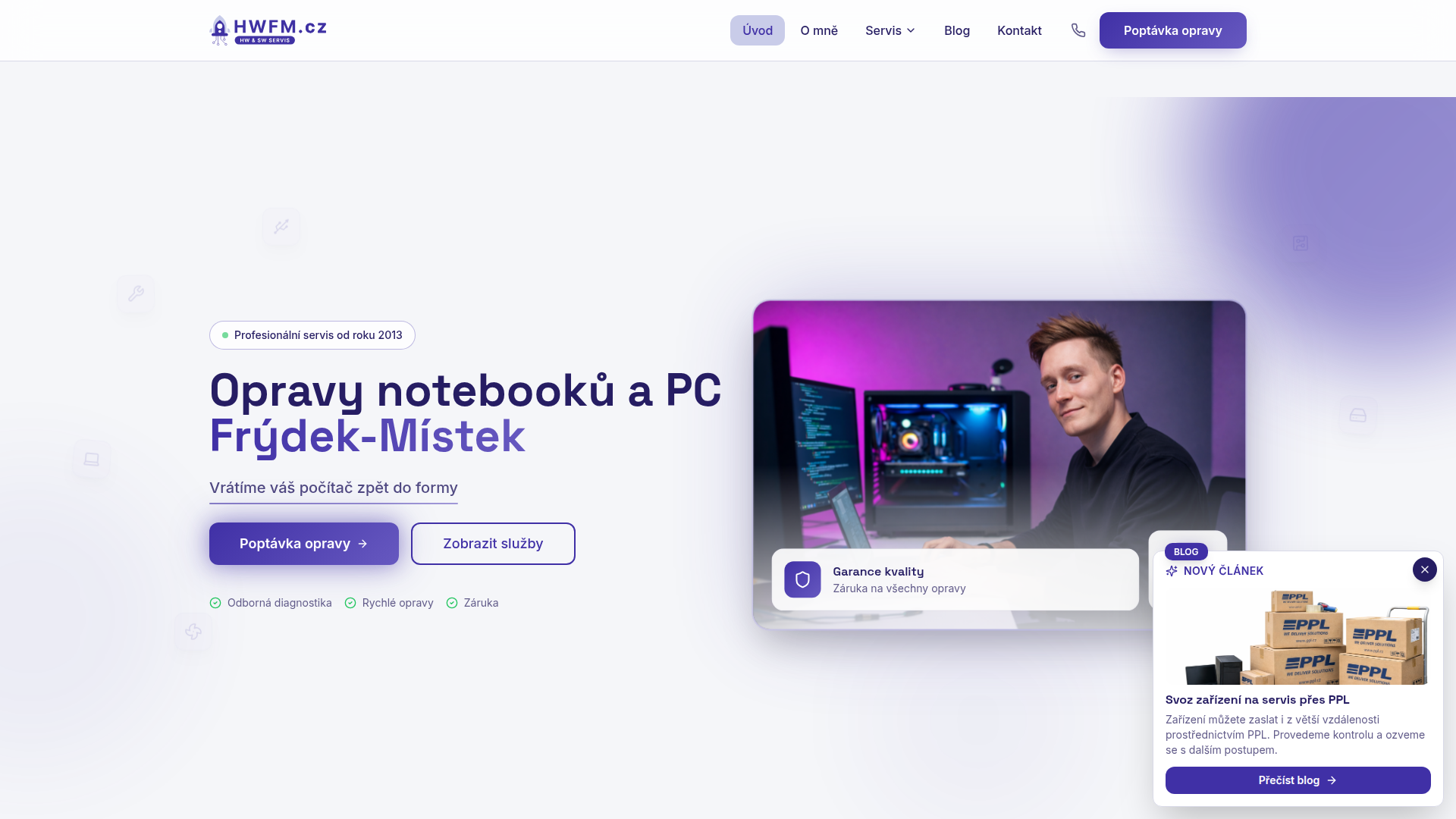 Ukázka webdesignu pro HWFM.cz – Webová prezentace pro servisní firmu zaměřenou na ...