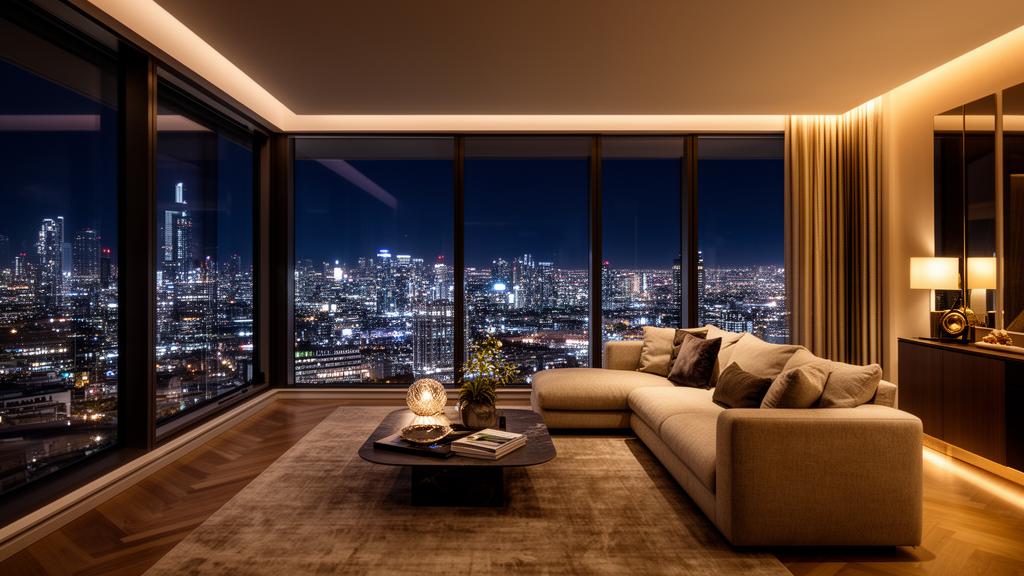 Ukázka luxusního realitního webu s nočním pohledem na moderní apartmán